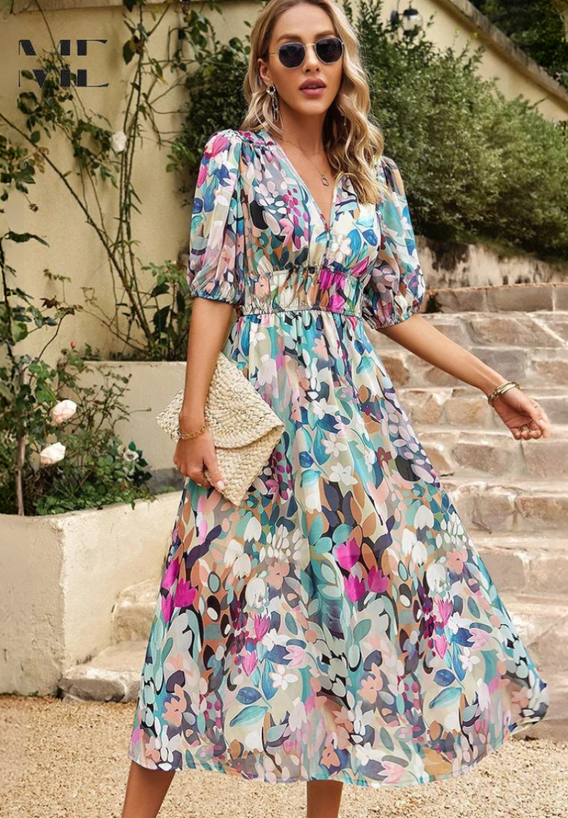 Roxanne | Elegant Floral Midi Dress with Puff Sleeves