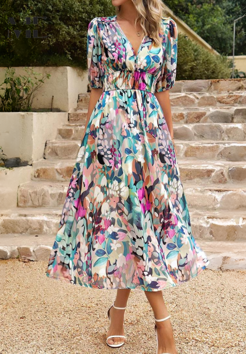 Roxanne | Elegant Floral Midi Dress with Puff Sleeves