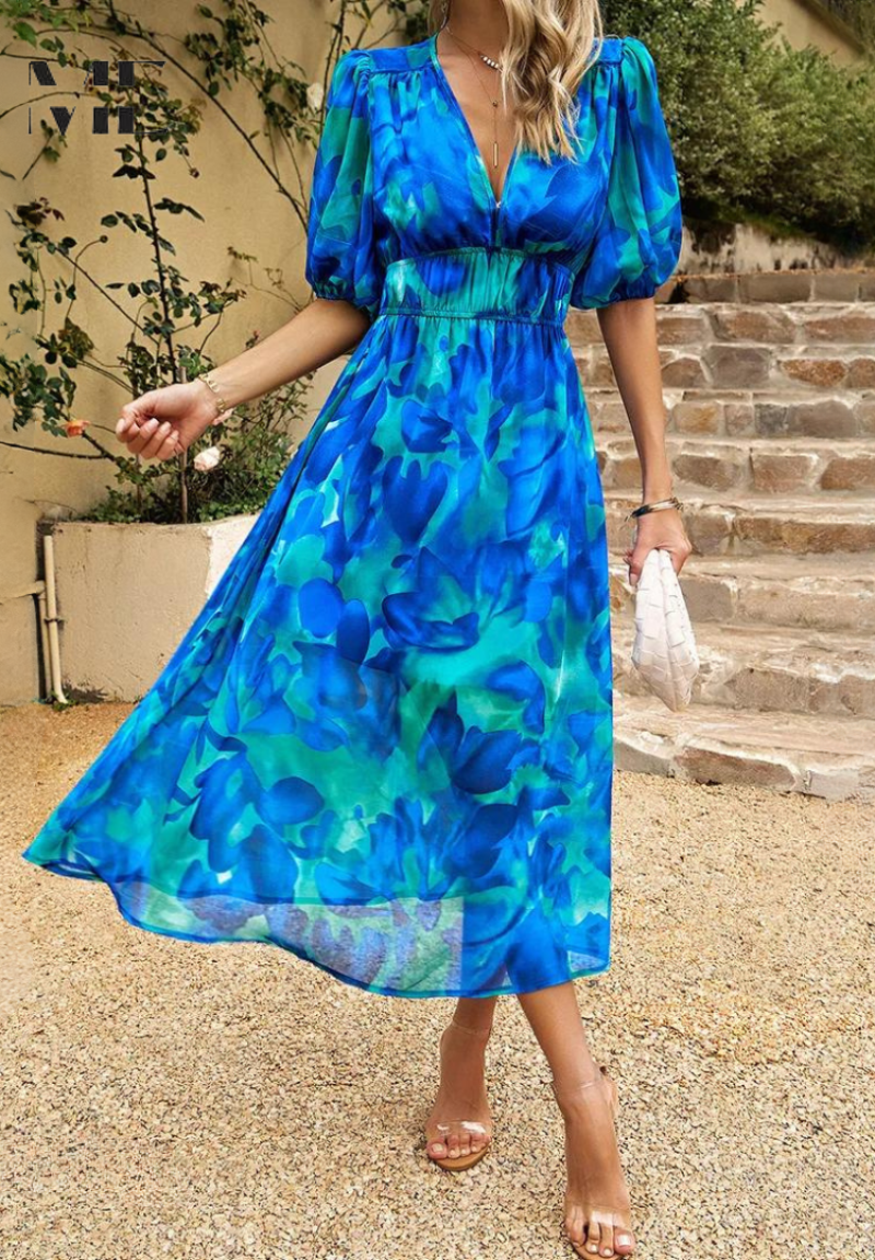 Roxanne | Elegant Floral Midi Dress with Puff Sleeves