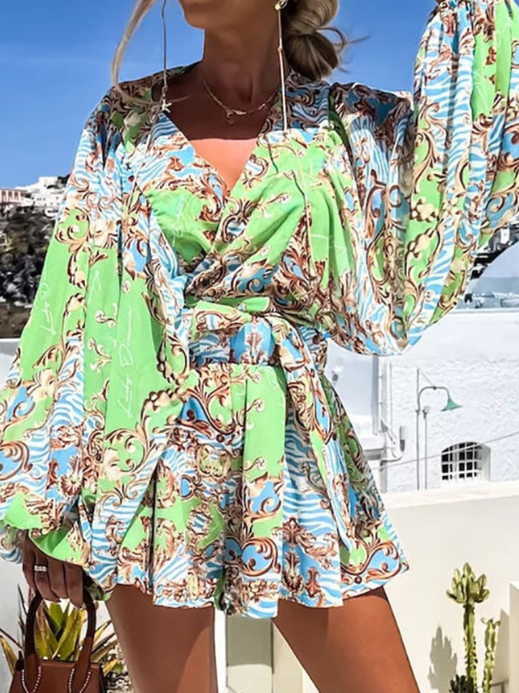 Daniela® | Elegant V-Neck Long-Sleeved Printed Top And Short Summer Set
