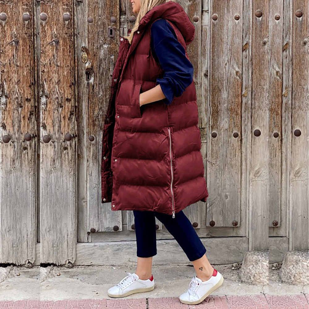 Women’s Hooded Vest – Quilted Longline – Oversized Fit – Sleeveless Padded Outerwear