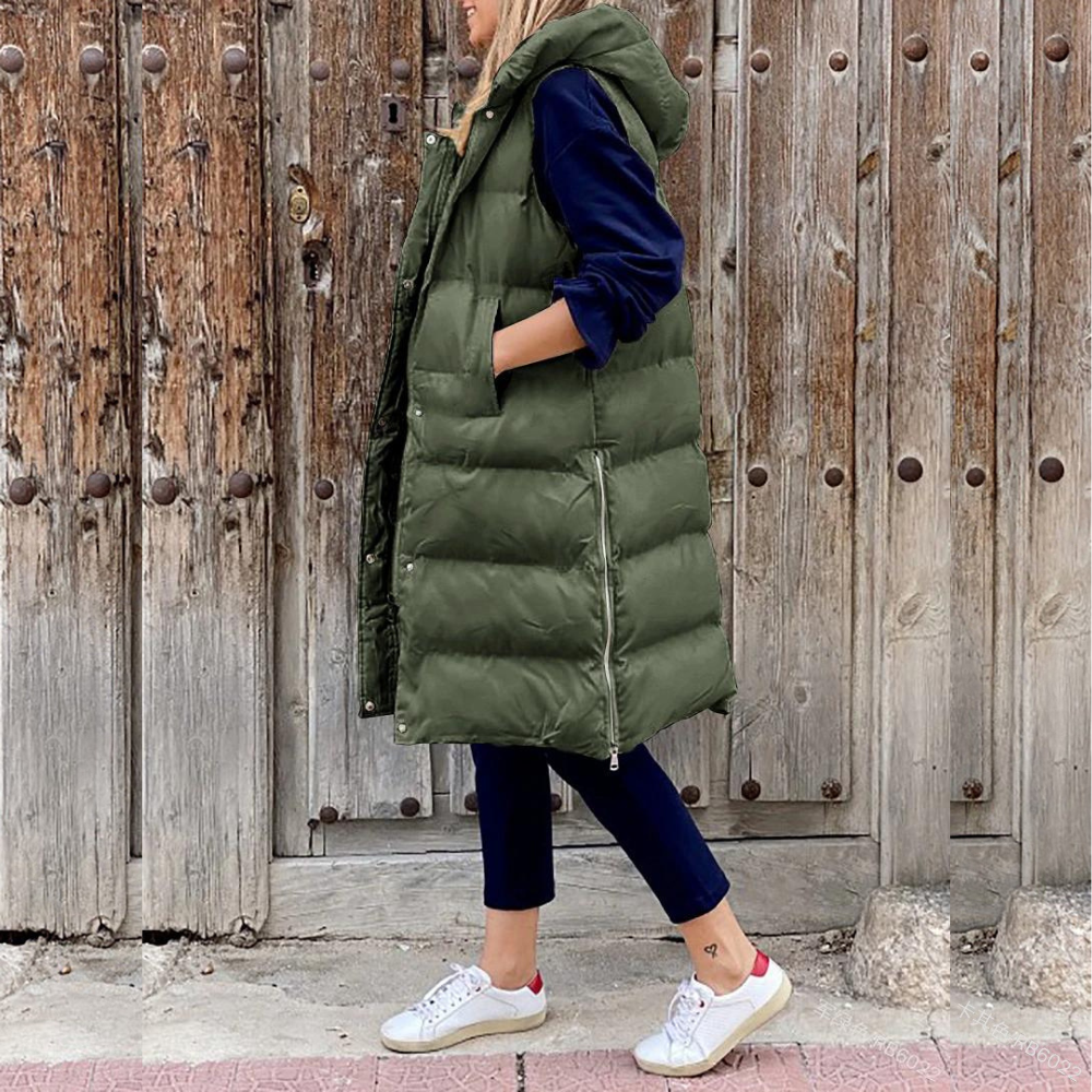 Women’s Hooded Vest – Quilted Longline – Oversized Fit – Sleeveless Padded Outerwear
