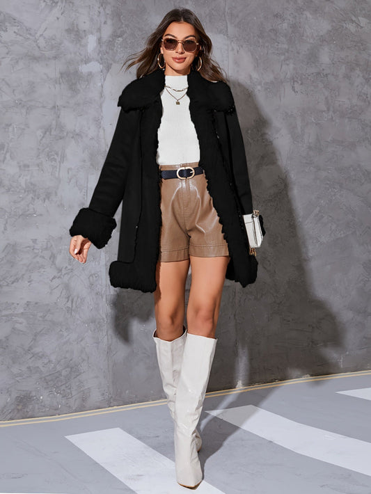 Women’s Long Coat – Relaxed Fit – Faux Fur Trim – Open Front – Wool-Look Finish
