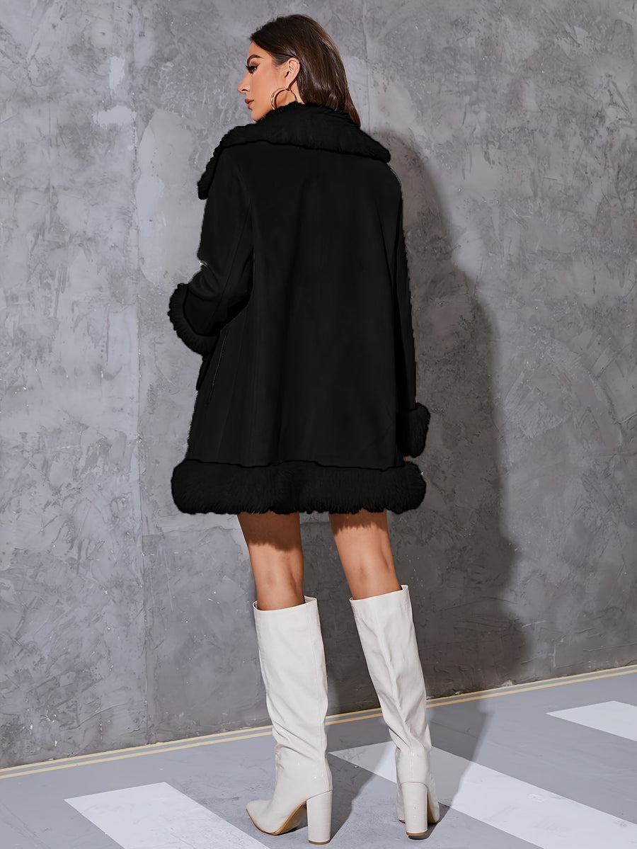 Women’s Long Coat – Relaxed Fit – Faux Fur Trim – Open Front – Wool-Look Finish