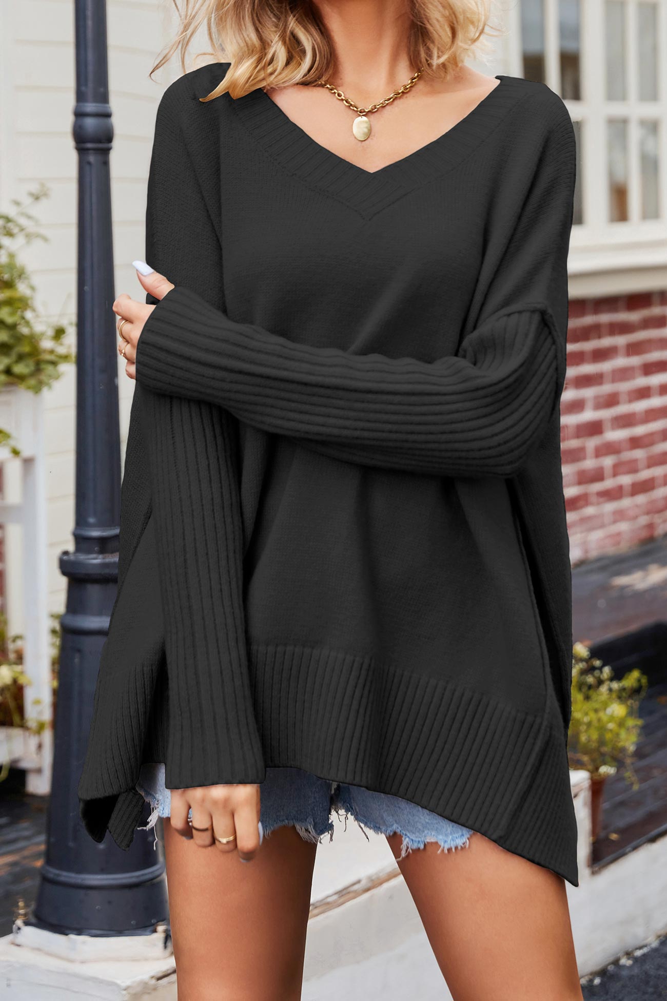 Debora® | V Neck Side Slit Loose Pullover Sweater