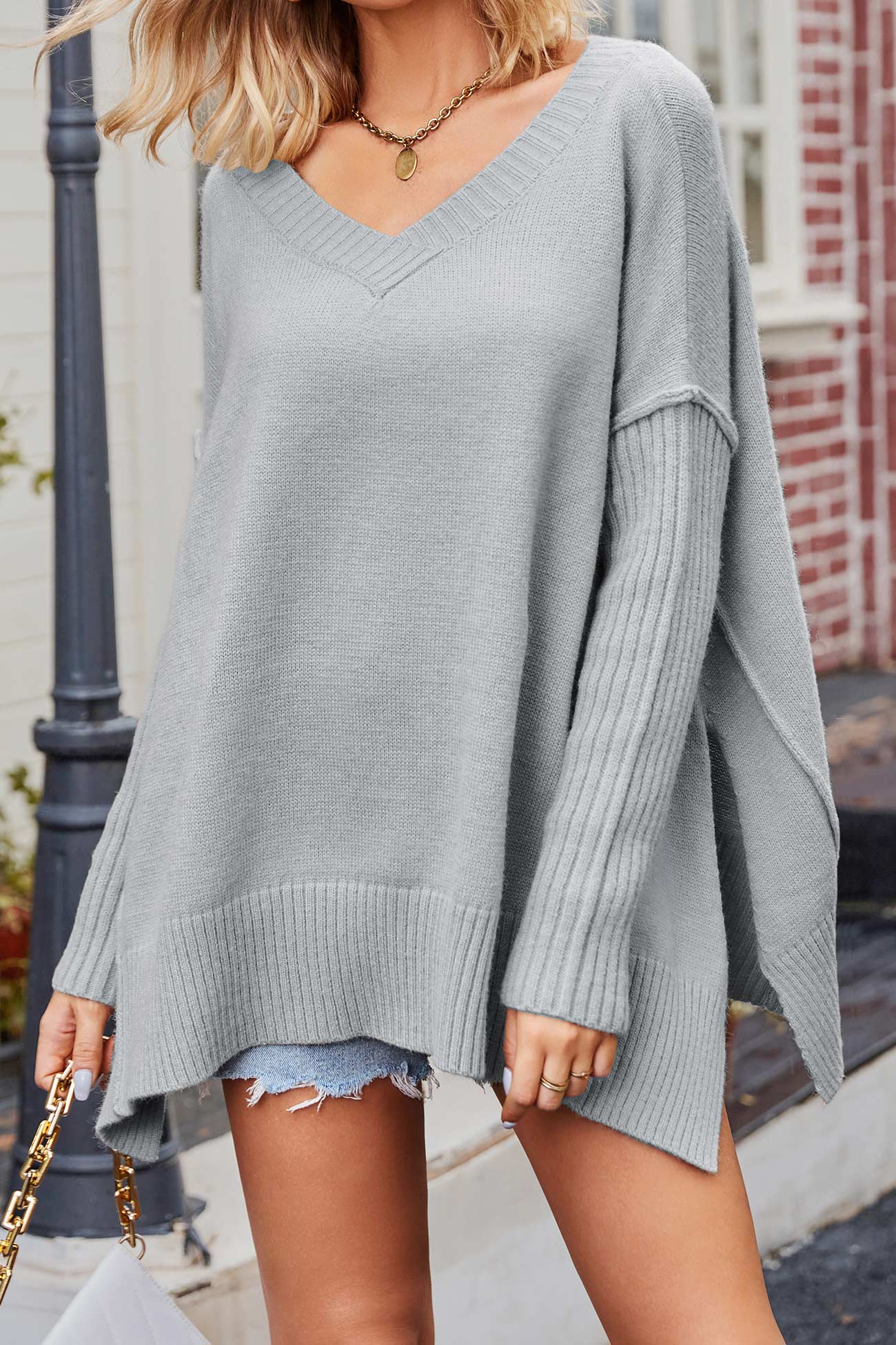 Debora® | V Neck Side Slit Loose Pullover Sweater