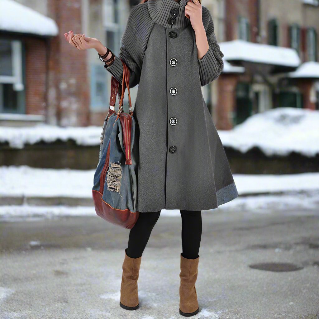 Women’s A-Line Coat – Wool Blend – High Collar – Ribbed Sleeves – Button Front – Knee Length