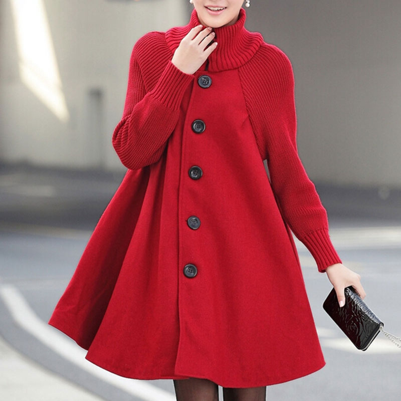 Women’s A-Line Coat – Wool Blend – High Collar – Ribbed Sleeves – Button Front – Knee Length