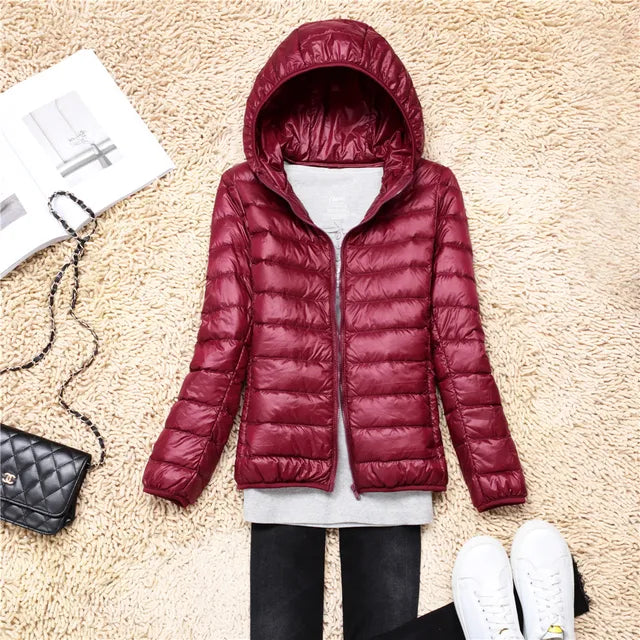 Women’s Quilted Down Coat – Slim Fit – Lightweight Hooded – Packable Casual Outerwear