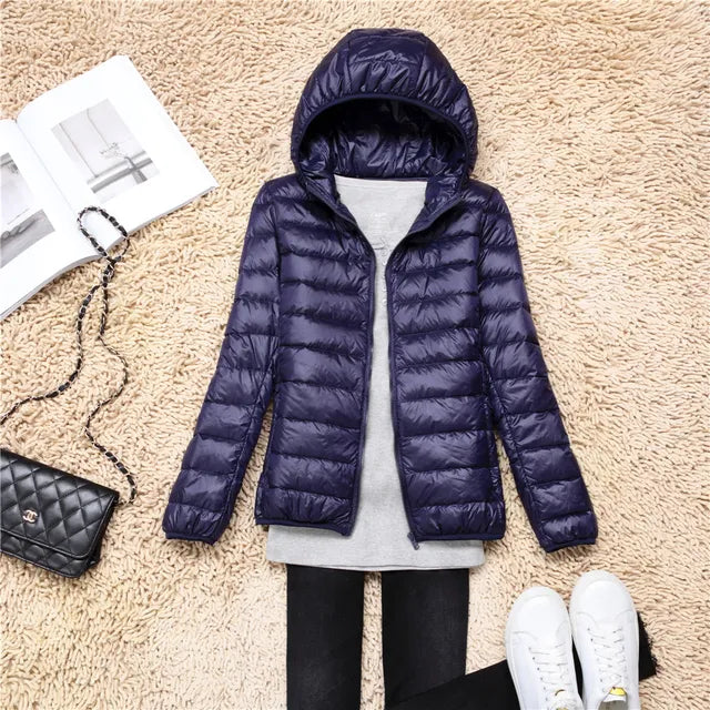 Women’s Quilted Down Coat – Slim Fit – Lightweight Hooded – Packable Casual Outerwear