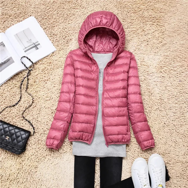 Women’s Quilted Down Coat – Slim Fit – Lightweight Hooded – Packable Casual Outerwear
