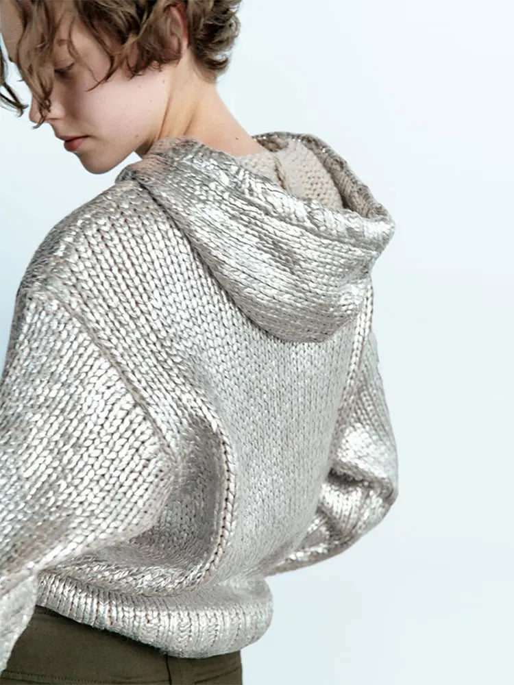 Chloe® | Silver knitted foil hoodie