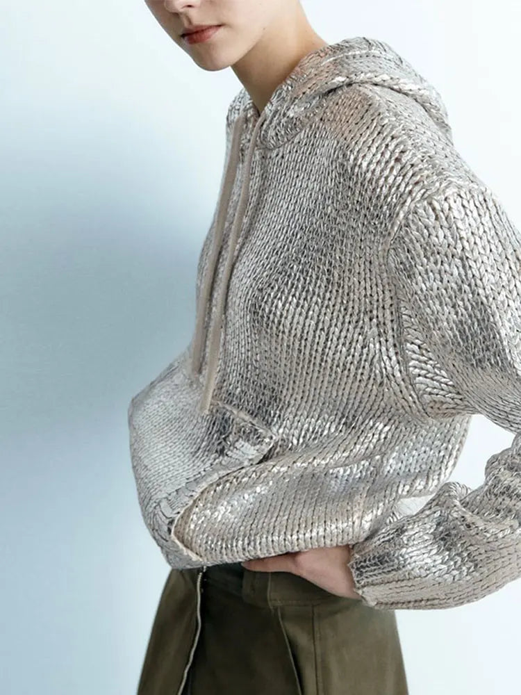 Chloe® | Silver knitted foil hoodie