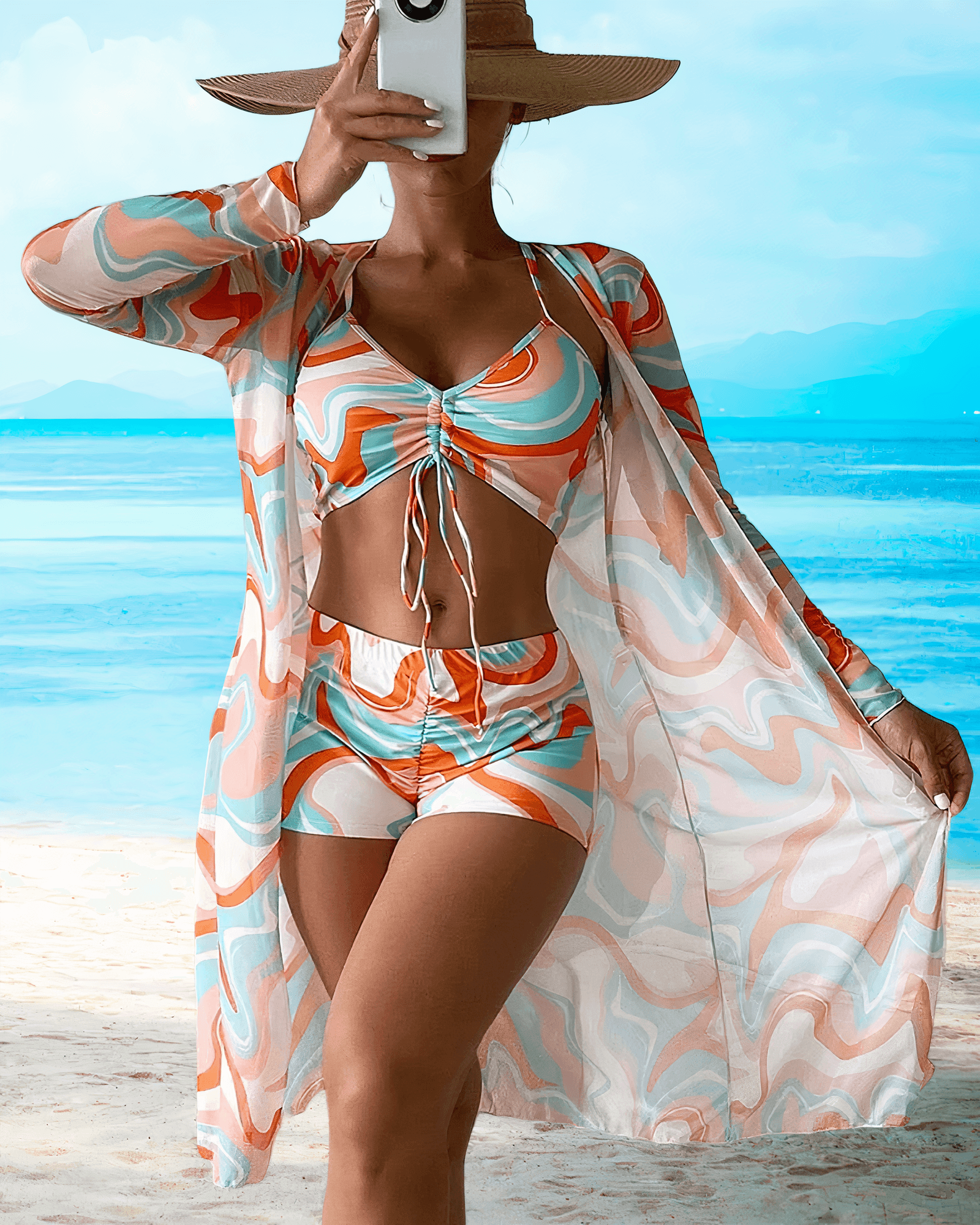 Rosie | Stylish Beachwear Set - Sheer Cardigan & Ruched Bikini Top