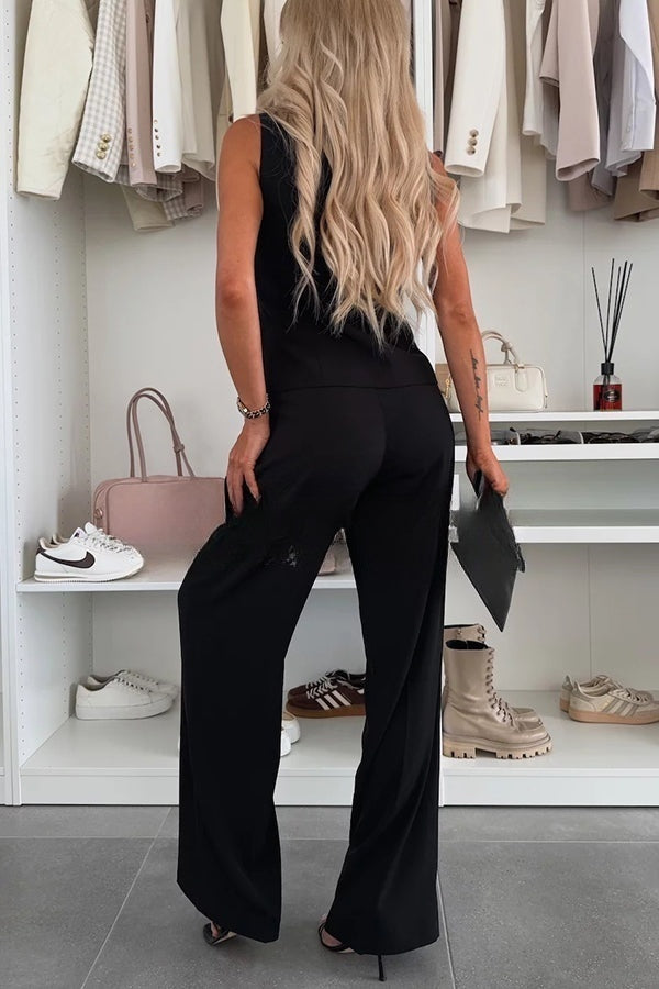 Dorotea® | Workplace Chic Sleeveless Button Vest and Relaxed Pocket Wide Leg Pants Set
