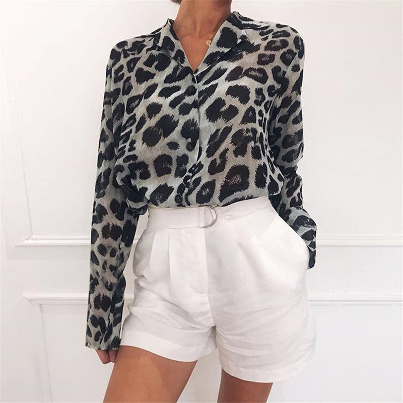 Avalon® | Stylish Long-Sleeved Leopard Print Blouse With Turn-Down Collar