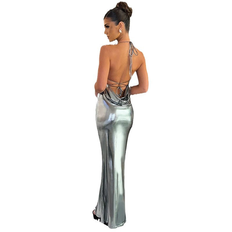 Emma | Elegant metallic maxi dress with straps and plunging neckline - perfect party dress