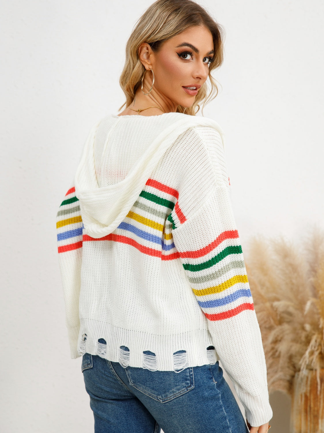 Clara® | Striped cardigan with hood and dropped shoulders and drawstring
