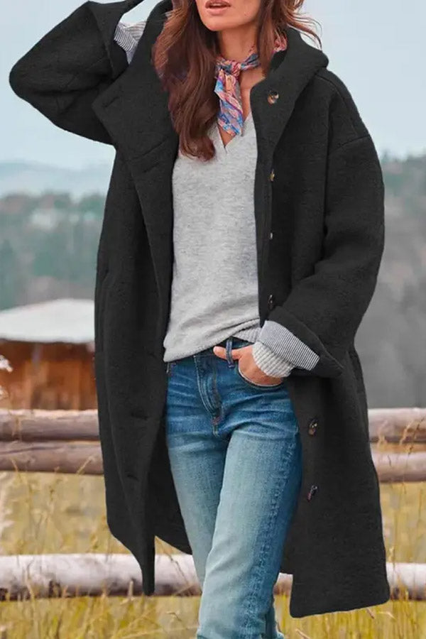 Adriana® | Casual Loose Solid Color Hooded Single-breasted Woolen Coat