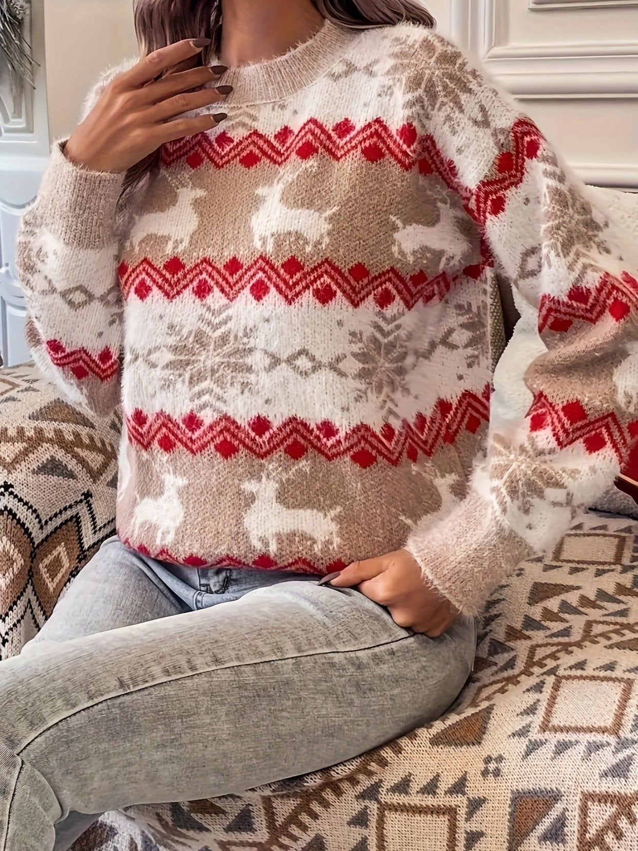 Cassandra® | Striped sweater with snowflake and reindeer print