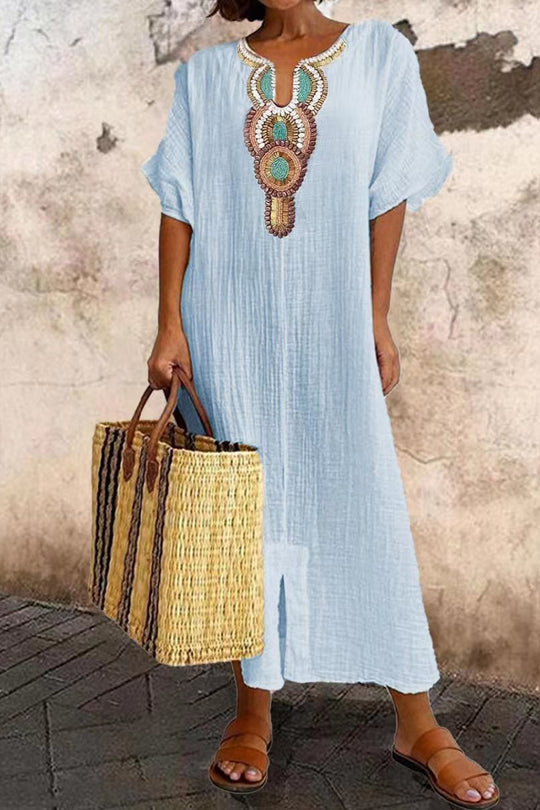 Aurora® | Linen and cotton slit dress with embroidery
