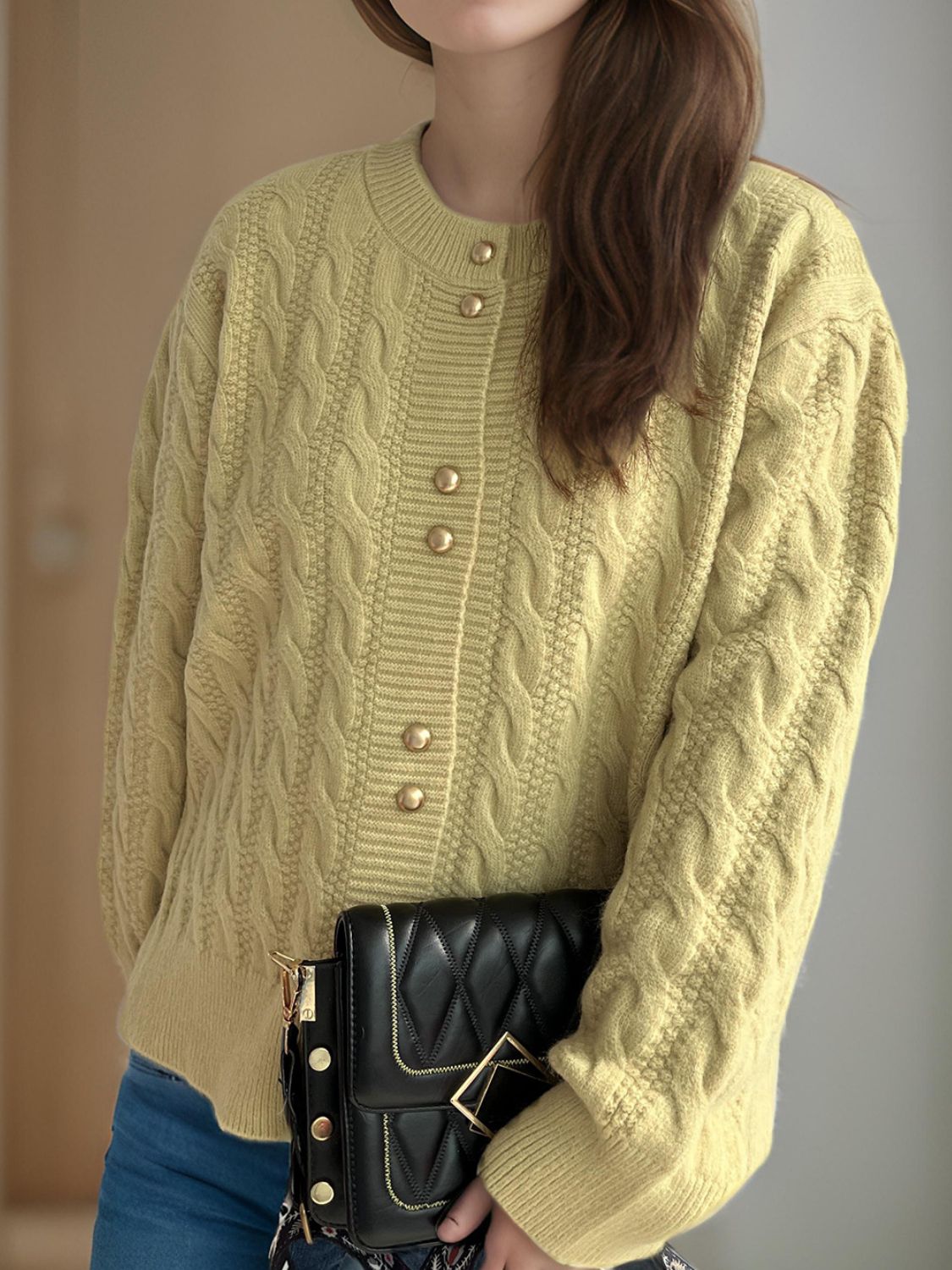 Cristina® | Cable knit cardigan with a crew neck and long sleeves