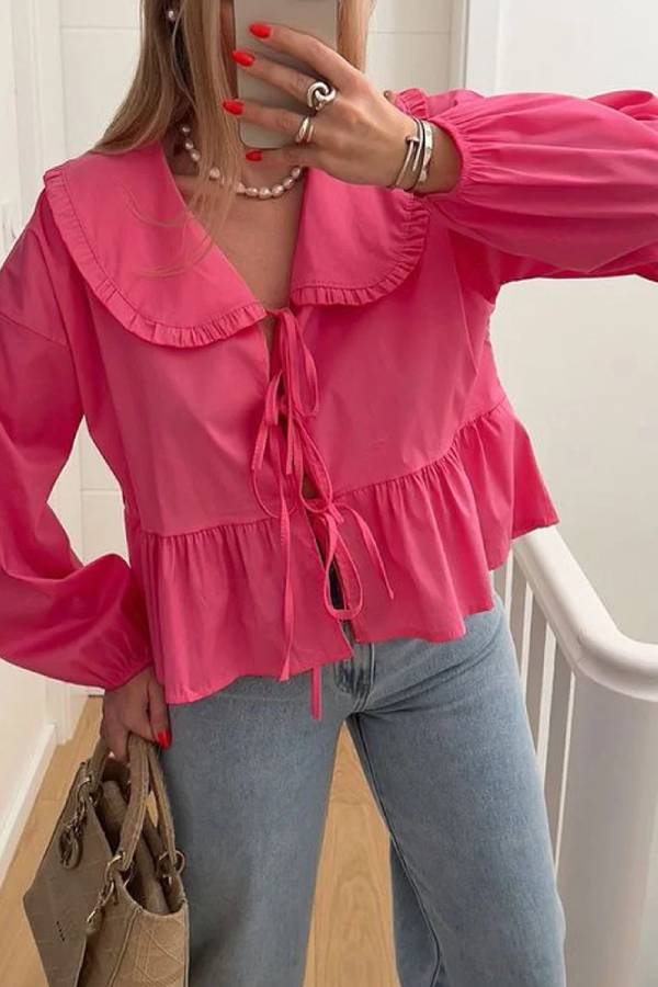 Brenda® | Solid color long sleeve lace up cardigan shirt
