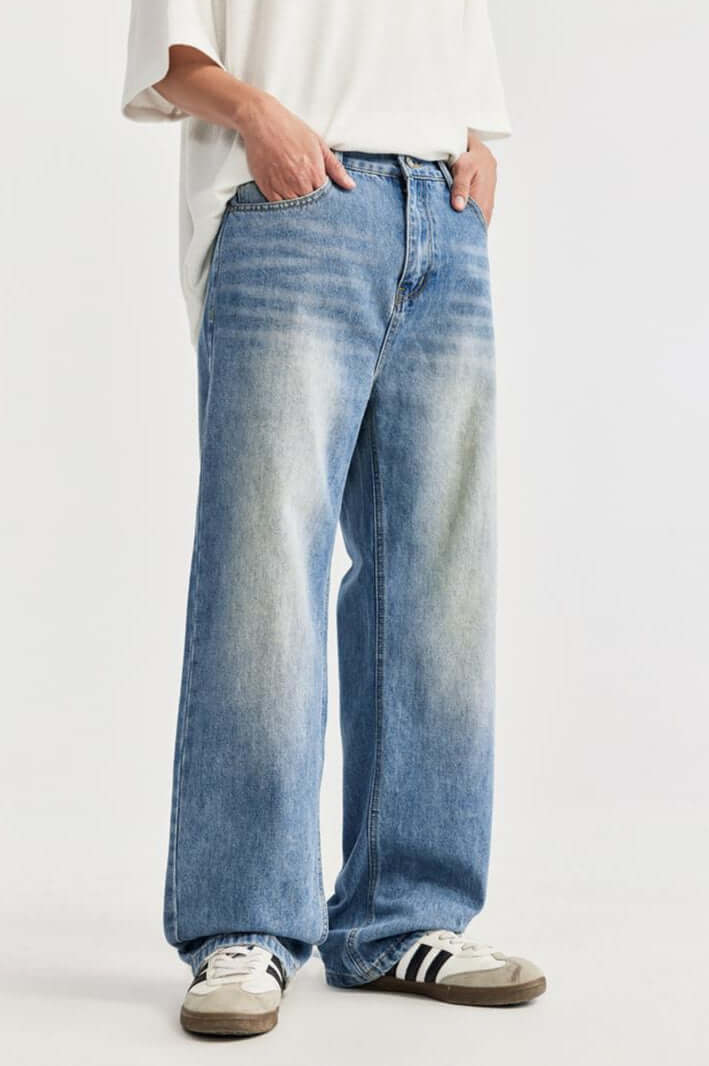 Men’s Wide-Leg Jeans – Relaxed Fit – Cotton Denim – Vintage Distressed Full Length