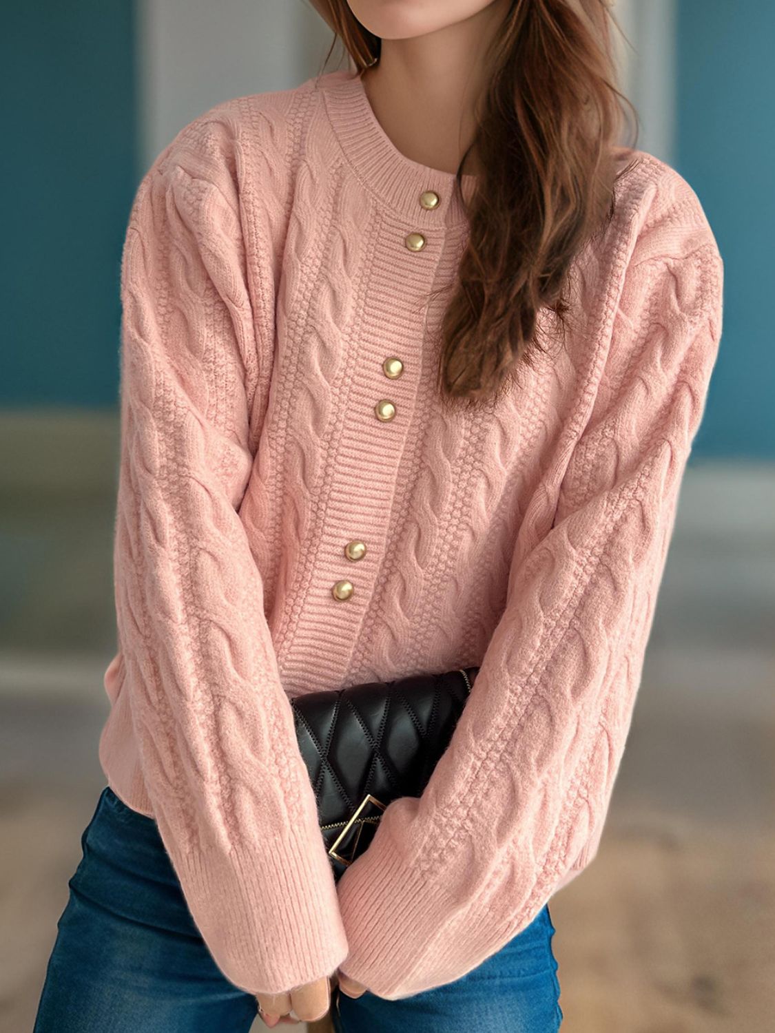 Cristina® | Cable knit cardigan with a crew neck and long sleeves