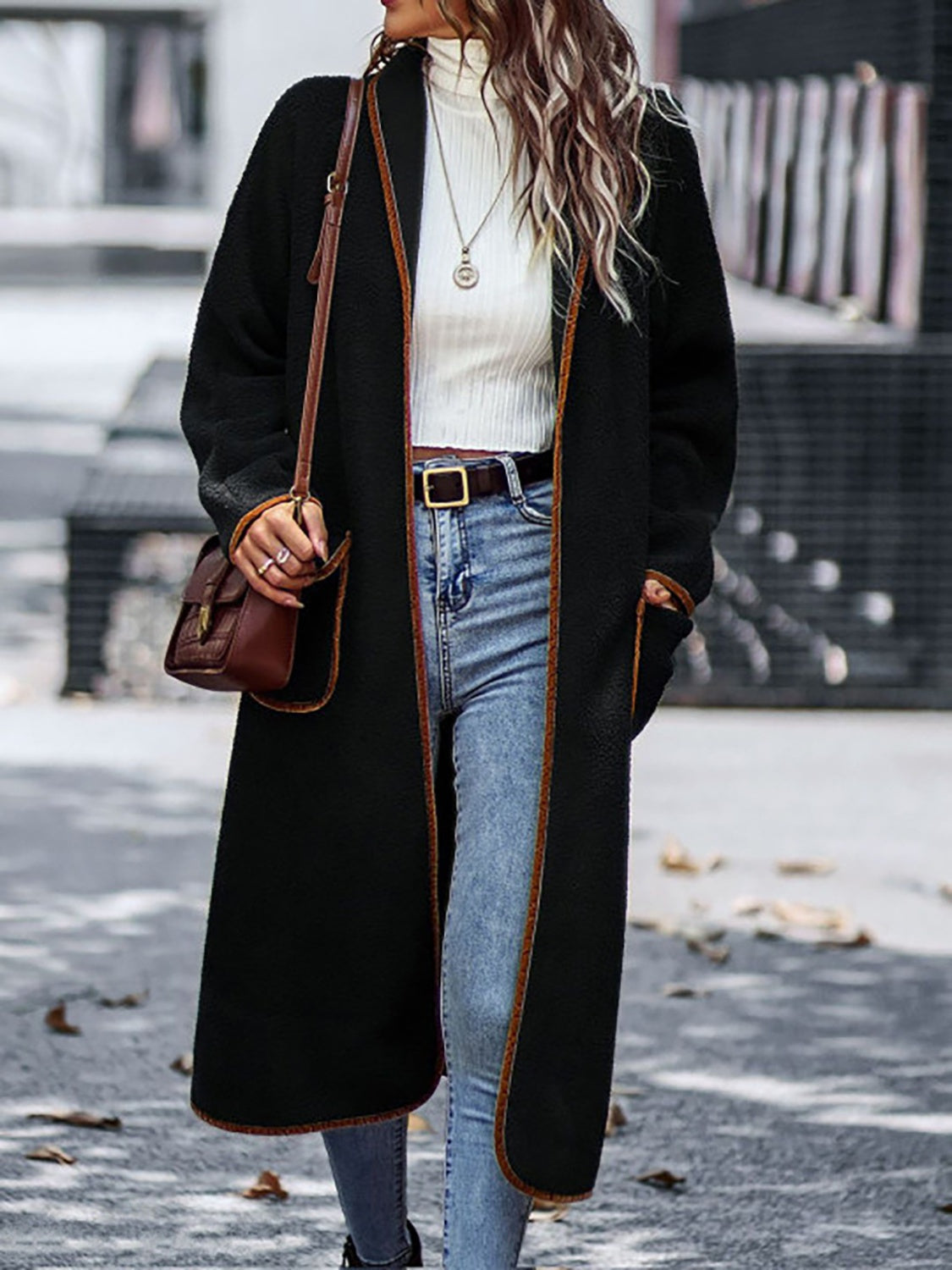 Claudia® | Full size long sleeve coat with contrast trim and pockets