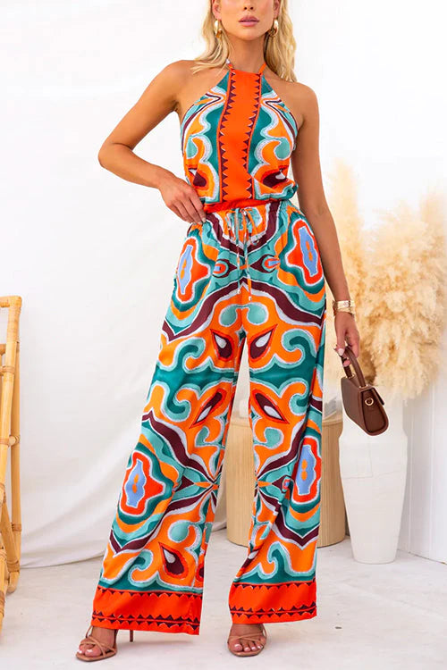 Consuelo® | Satin ethnic abstract print wide leg pants in satin with elastic waistband and pockets