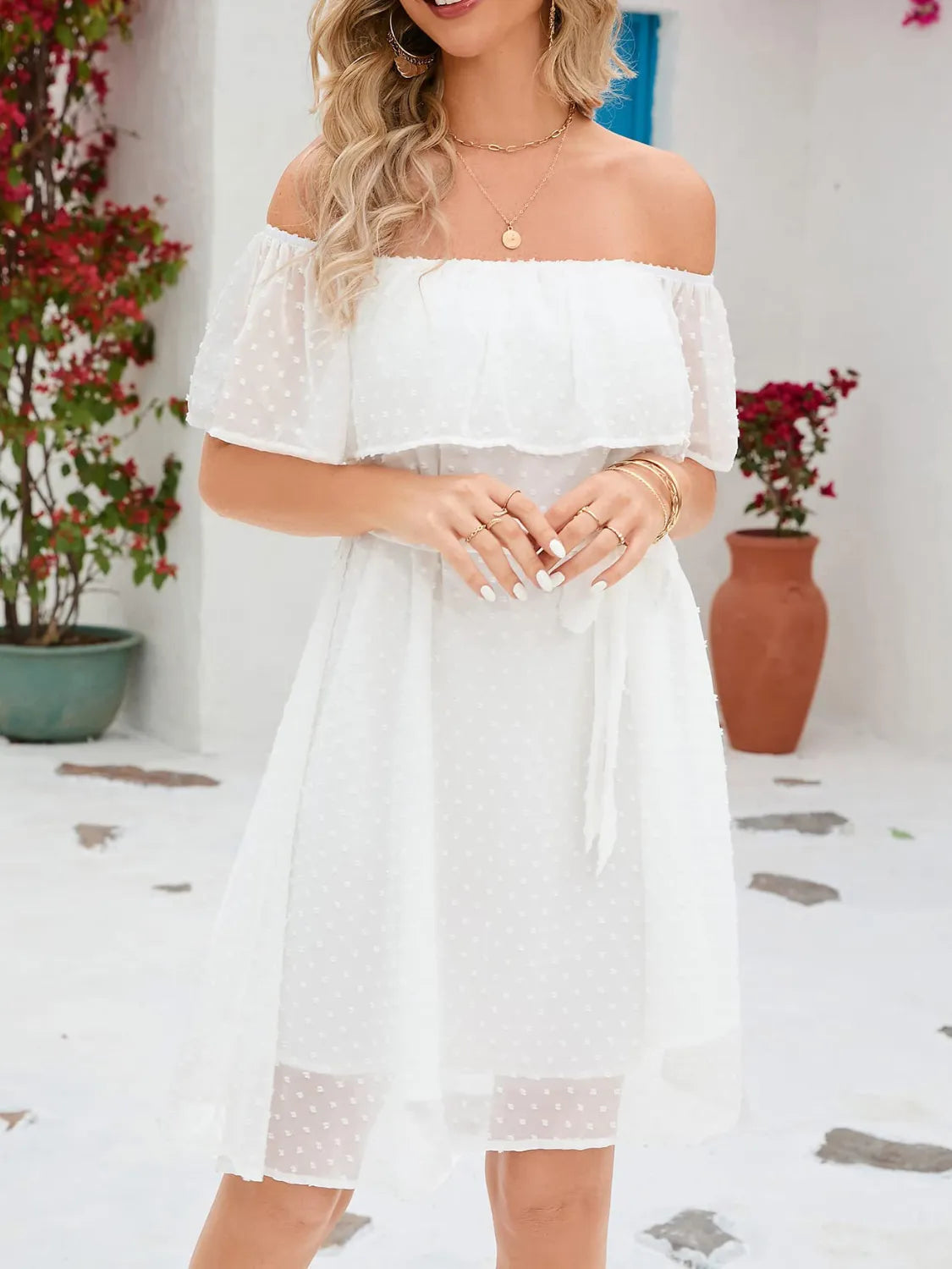 Camila® | Elegant Off-The-Shoulder Short-Sleeved Mini Dress With A Tie Waist