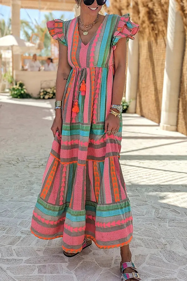 Belén® | Sunlit Magic linen blend maxi dress with ethnic print, ruffle sleeves and tassels