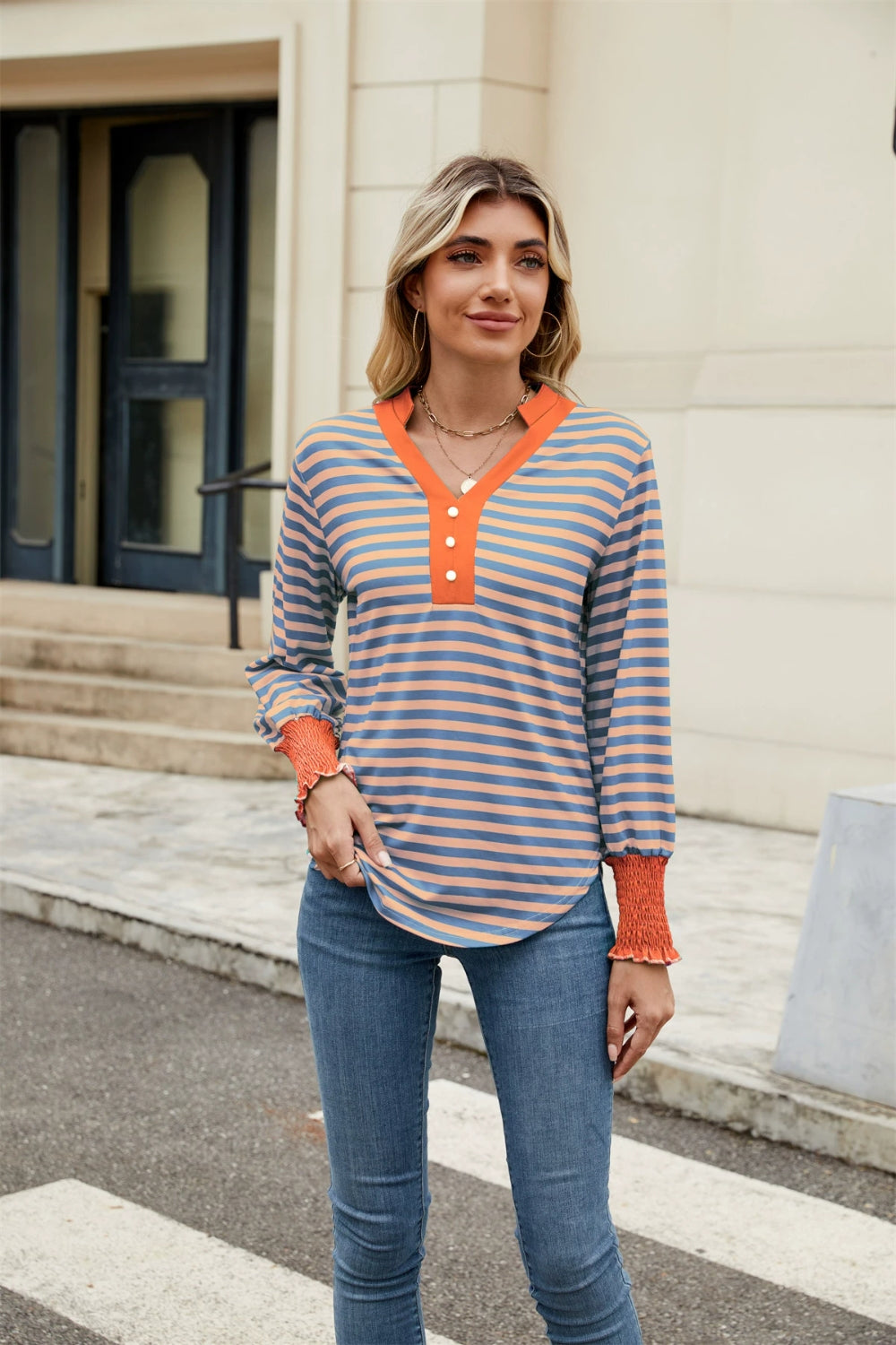 Elena® | Contrast striped long sleeve top with notches