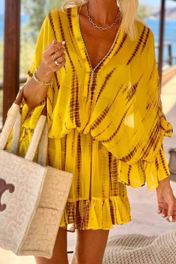 Clara® | Lemon flavor tie-dye ruffle kaftan mini dress with batwing sleeves and elastic waist