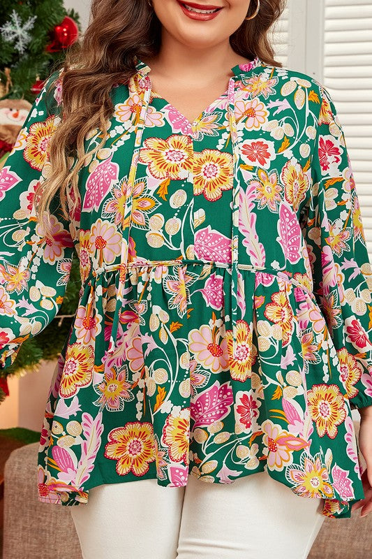 Dominique® | Plus size long sleeve babydoll top with tied V-neck