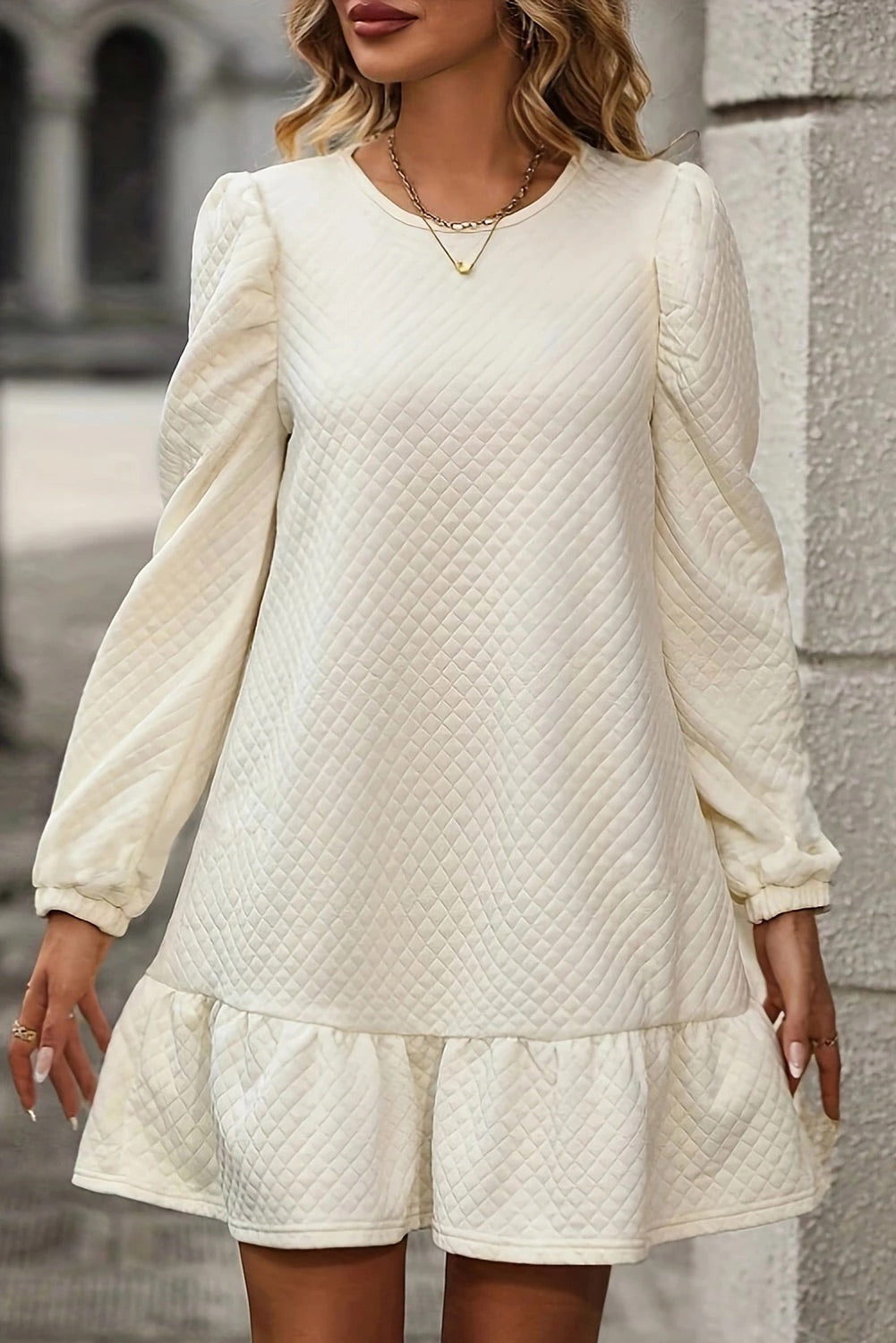 Ariana® | White structured mini dress with ruffle hem and grid pattern
