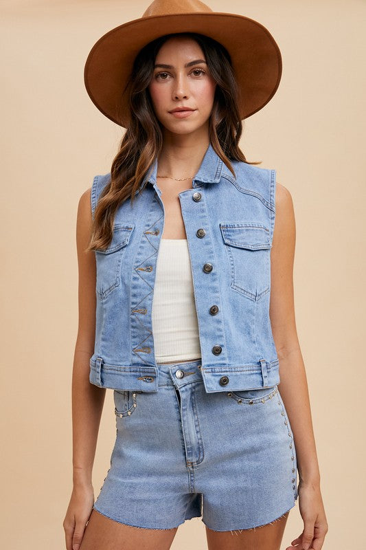 Elara® | Denim vest with collar and button placket