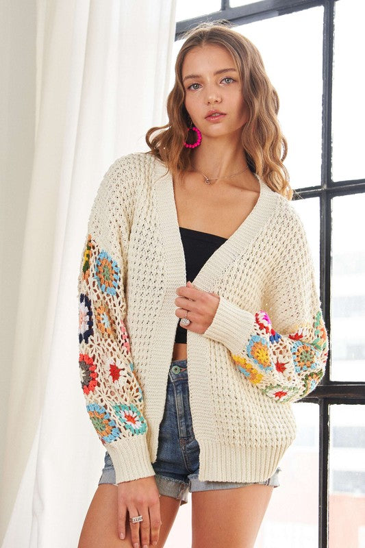 Clementine® | Full size long sleeve cardigan with contrast crochet pattern and open front