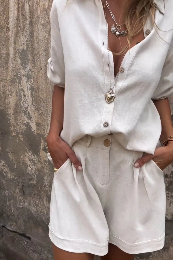 Aranza® | Orange cotton and linen summer suit with short sleeves