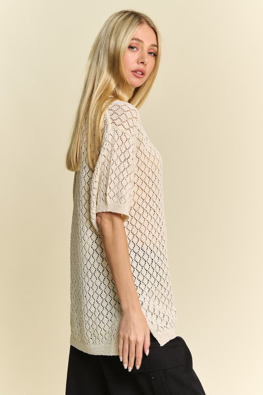 Alicia® | Side slit, openwork crew neck knit cover with half sleeves