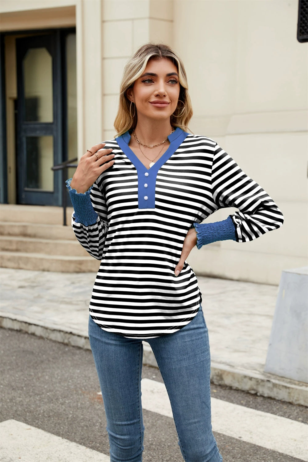 Elena® | Contrast striped long sleeve top with notches
