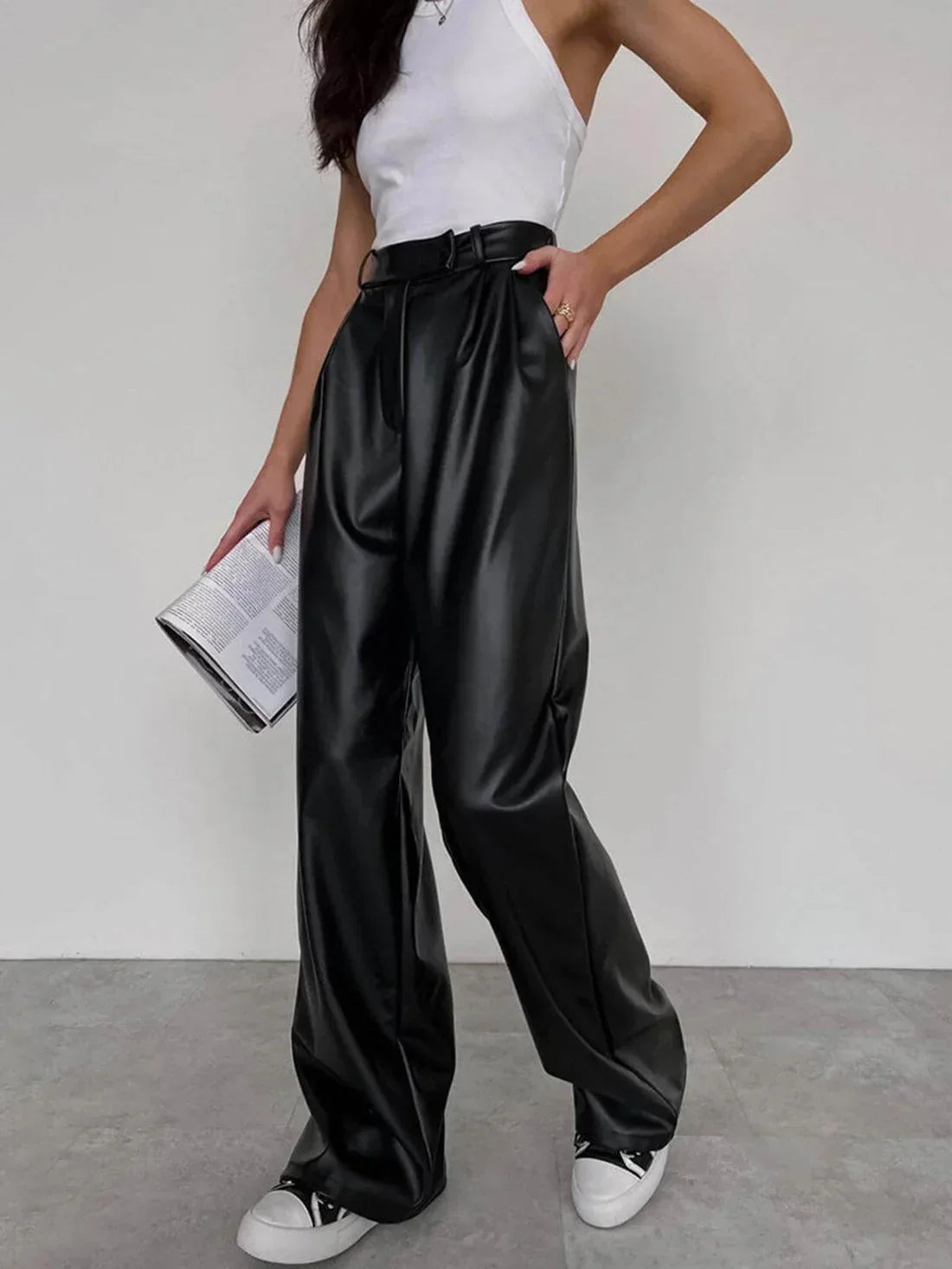 Women’s Wide-Leg Trousers – High Waist – Faux Leather – Pleated Waist – Full Length