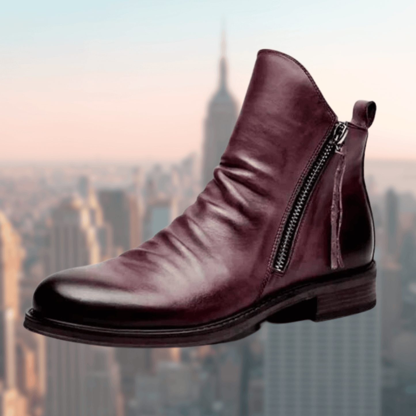 Women’s Ankle Boots – Smooth Leather – Side Zipper – Rounded Toe – Low Heel