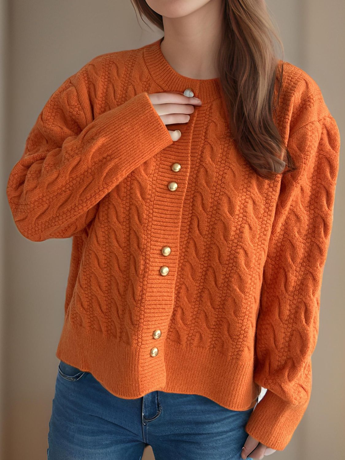 Cristina® | Cable knit cardigan with a crew neck and long sleeves