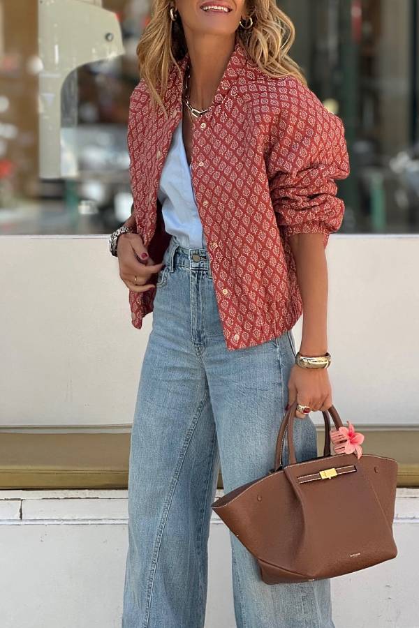 Alicia® | Red and brown paisley print cropped jacket with gold buttons