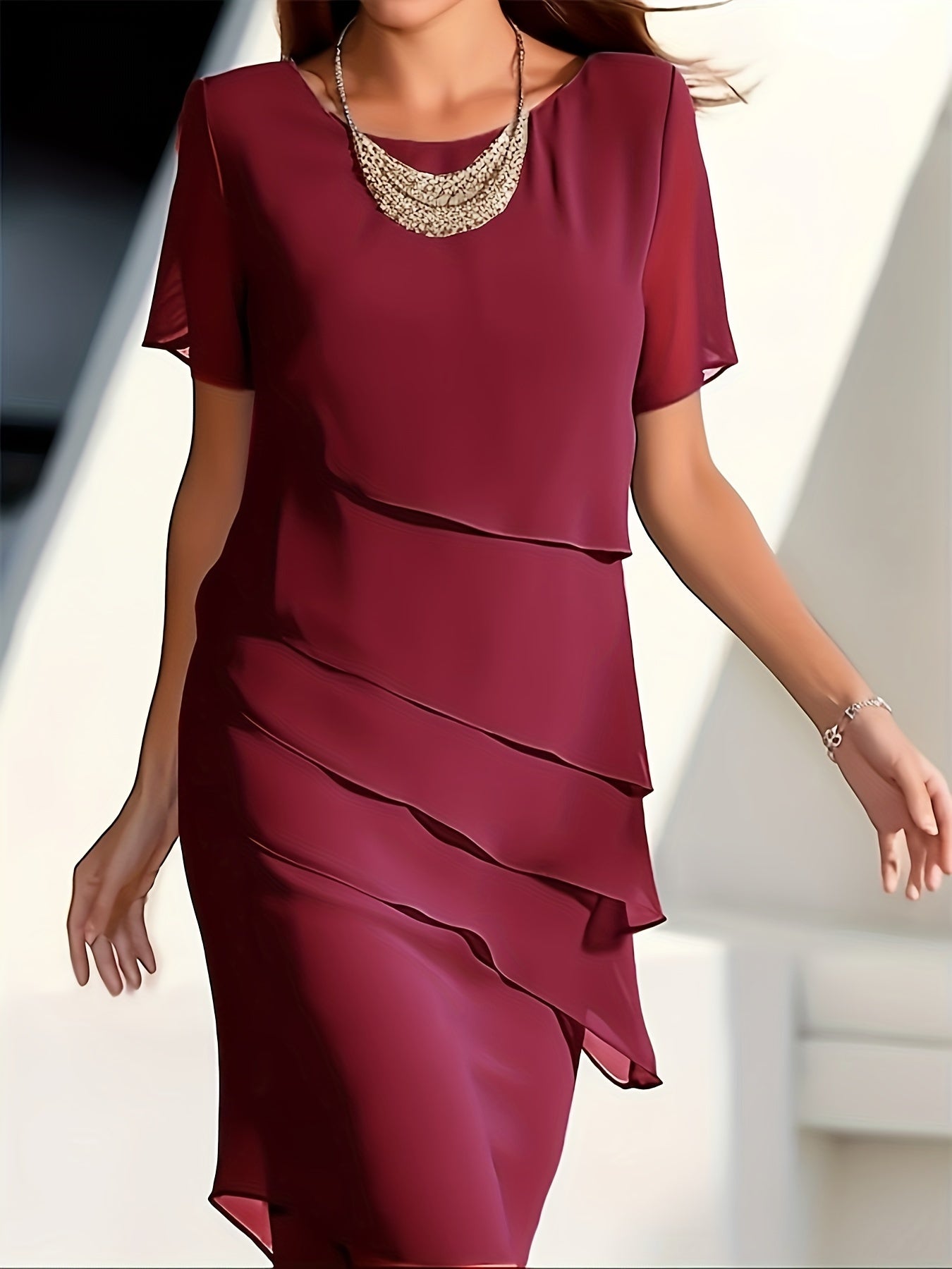 Cecilia® | Cotton Layered Trim Round Neck Short Sleeve Evening Dress For Women