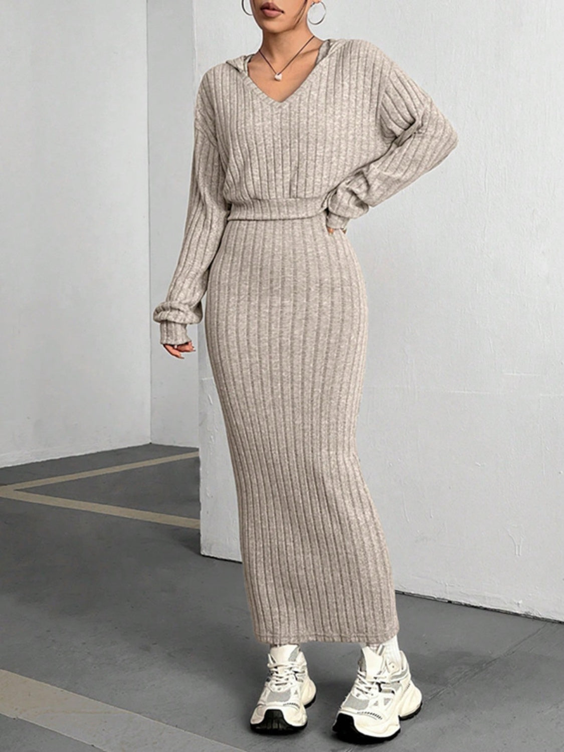 Clara® | Ribbed cropped hooded top and V-neck tank dress set