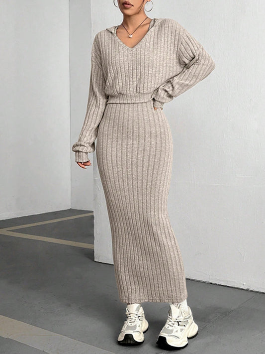 Clara® | Ribbed cropped hooded top and V-neck tank dress set