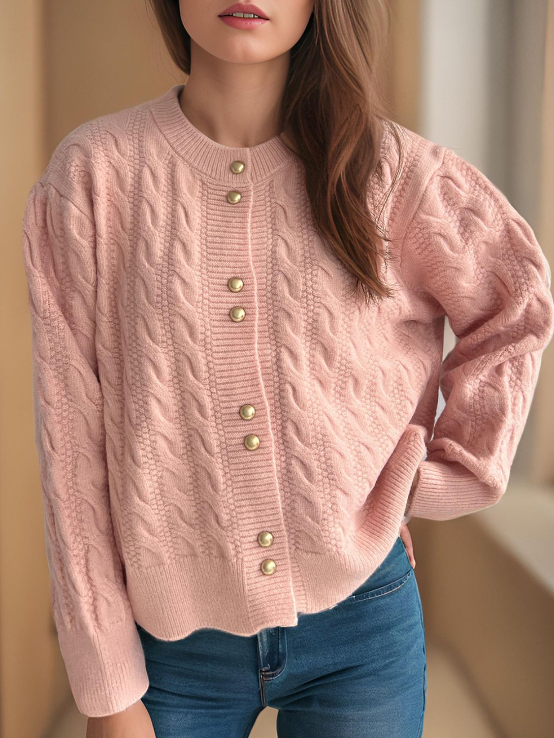 Cristina® | Cable knit cardigan with a crew neck and long sleeves